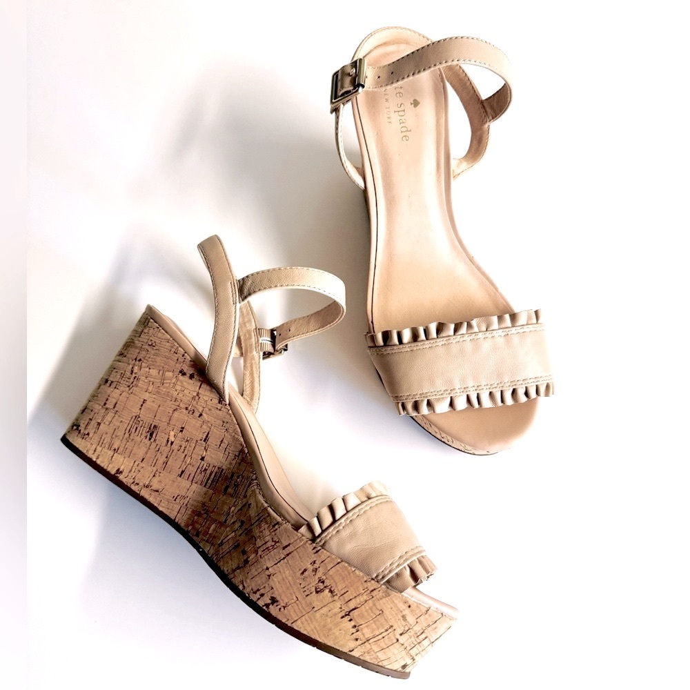 Kate Spade Tomas Ruffle platform cork wedge.Leather upper in Nude.Size 9.5